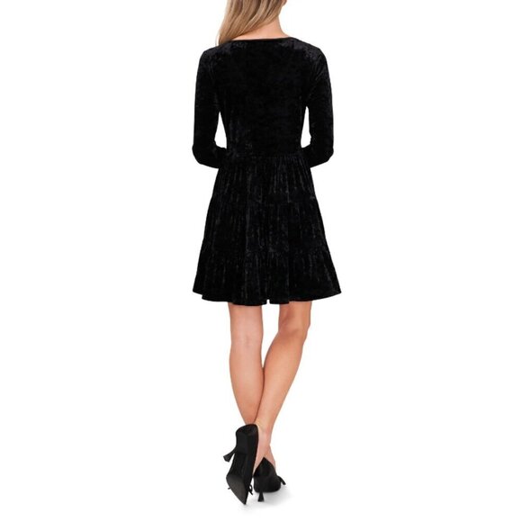 CECE Women's Black Crushed Velvet Tiered Long Sleeved Dress NWT - Picture 3 of 5